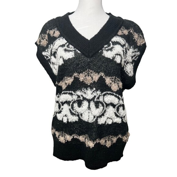 Belldini Womens V-Neck Knit Sweater Vest Black Beige White Medium - Picture 1 of 15